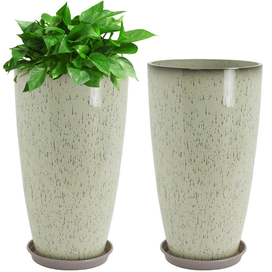 Neoaider Set of 2 Lightweight Ceramic-Look Tall Planter, 21 inch Large Plastic Planter with Drain Hole & Saucers, Large Outdoor Planters for Porch, Garden, Patio, Balcony(Drip Glaze)