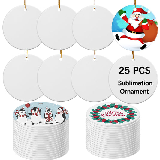 25 PCS Ceramic Sublimation Ornament Blanks Bulk 3 Inch White Round Crafts DIY Personalized Printed Christmas Home Porcelain Paintable Decorate