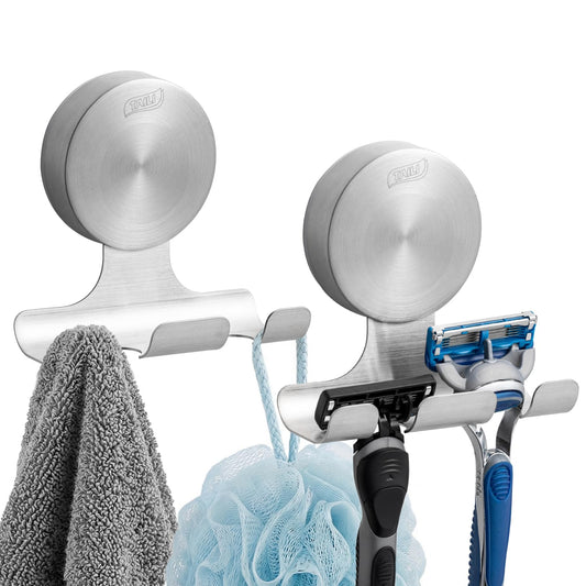 TAILI 2 Pack Powerful Suction Cup Razor Holder, 304 Stainless Steel Bathroom Suction Hooks for Towel, Loofah, Bathrobe, Stylish Shaver Holder for Shower Wall, Easy to Install and Reuse, Silver