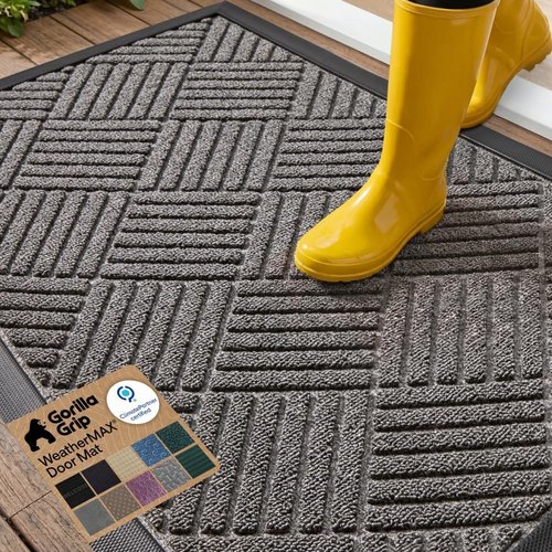GORILLA GRIP 100% Waterproof Doormat - All-Season WeatherMAX, Stain & Fade Resistant, 29x17 Gray Diamond