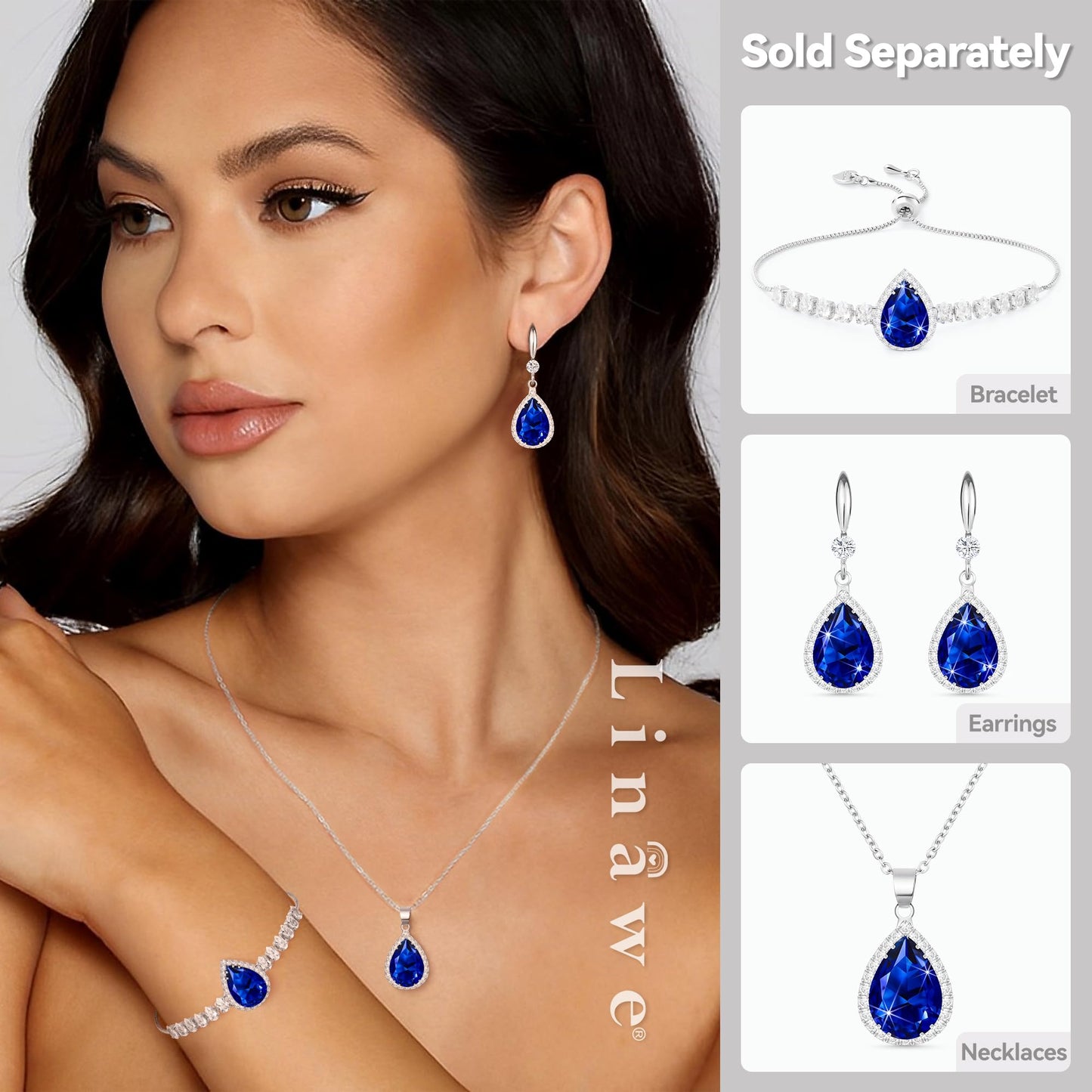 Linawe Blue Earrings for Women, Sapphire Imitation Diamond Drop Dangle Silver Earrings, Chandelier Rhinestone Cubic Zirconia Crystal Teardrop Earrings, Wedding Jewelry Set