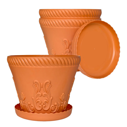 OUMUHE 11.4 Inch Plastic Planters with Drainage and Saucers, Set of 3, Decorative Flower Pots for Indoor Outdoor Use, Available in Terracotta & White (Terracotta)