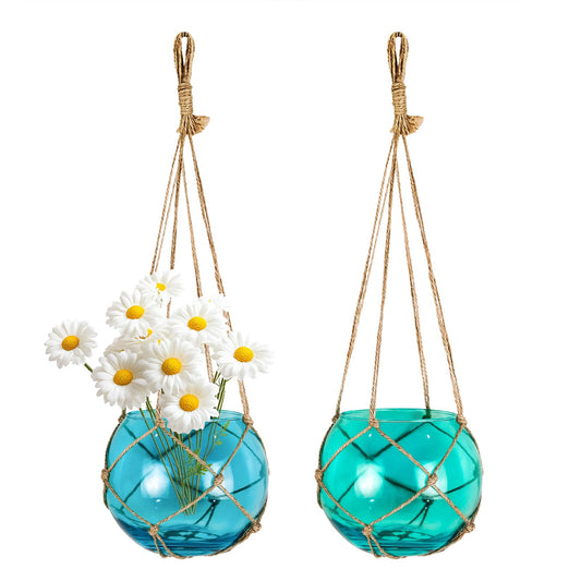 SAILINGSTORY Hanging Glass Plant Terrarium 5" Glass Planter Propagation Stations Flower Vase Blue and Teal Set of 2 Pack