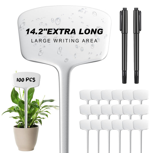 Weysat 100 Pack Outdoor Plant Markers 14.2 Inch Garden Labels with Pen Waterproof T Type Plastic Plant Tags Durable Nursery Garden Markers for Herbs Seed Pot Flowers Vegetable