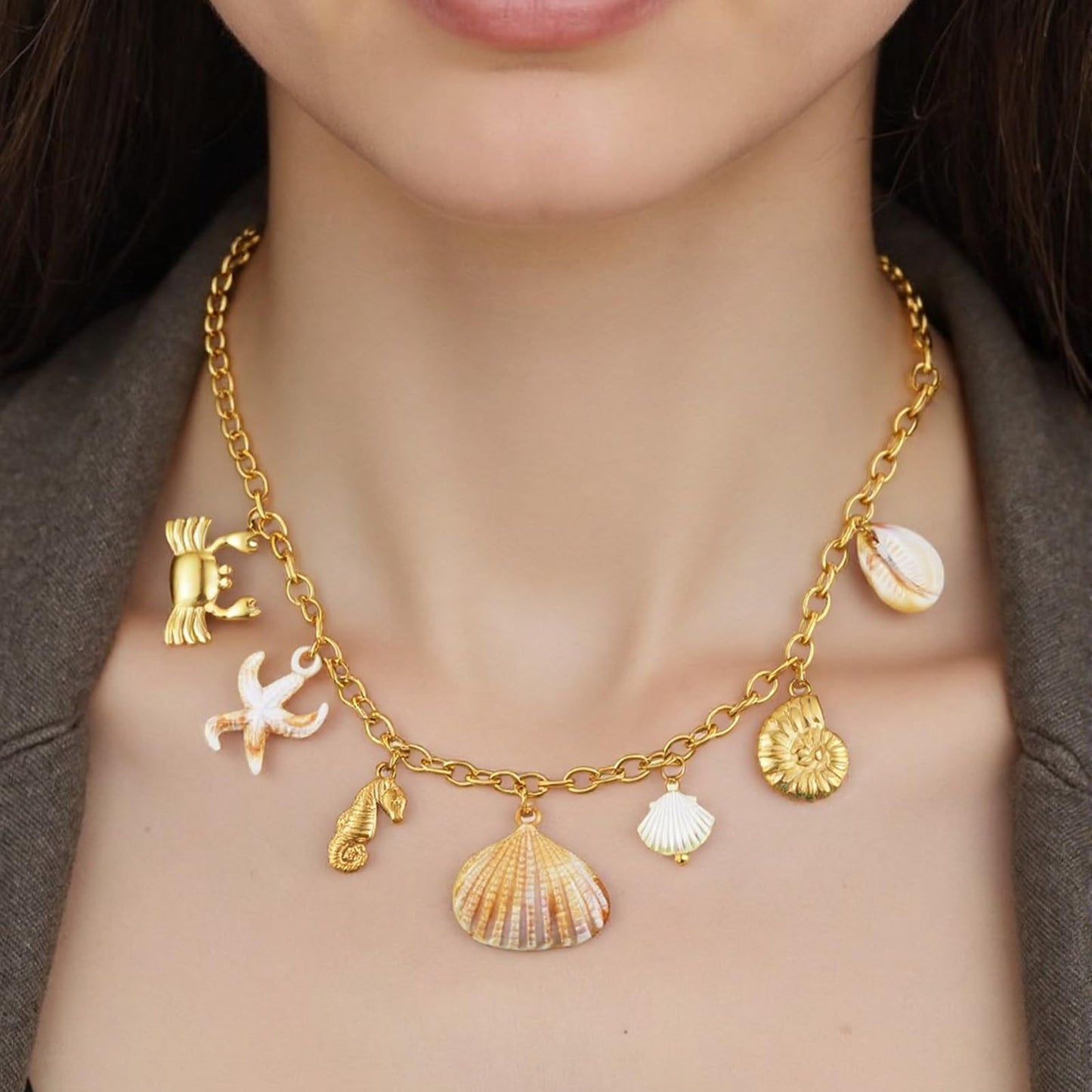 LCTrusttmor Gahna Sea Shell Necklace for Women, 18K Gold Plated Starfish Seahorse Crab Conch Charm with Adjustable Choker Necklaces for Women, Summer Beach Jewelry Gifts