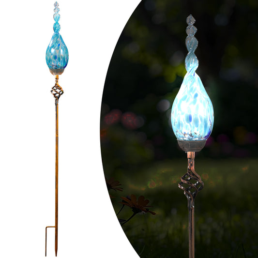 Naboher Solar Garden Lights Outdoor, Decorative LED Flame Garden Stakes, Hand Blown Glass and Outdoor Waterproof Glass Stakes (Light Blue)