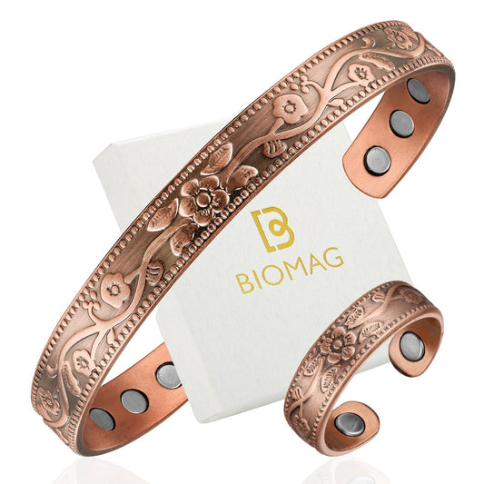 BioMag Copper Bracelet & Ring for Women, 99.99% Pure Copper Magnetic Bracelet Lymphatic Drainage Rings with 3500 Gauss Magnets, Adjustable & Flower Pattern