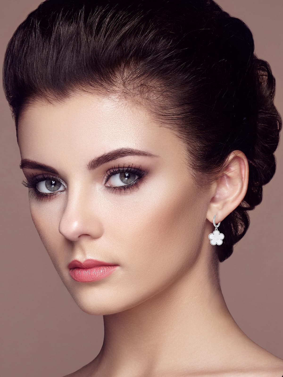 Gold Plated Five Leaf Clover Dangle Earrings for Women Lucky Flower Jewelry (White-White Gold Plated)
