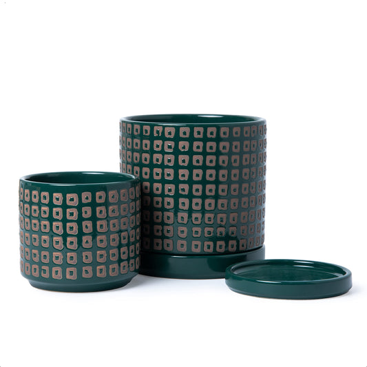 D'vine Dev Set of 2 Ceramic Planter Pots with Drainage Hole and Saucer, 4.5 Inch 6 Inch Plant Pots for Plants Indoor Houseplants, Green, 99-A-4