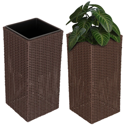 Aspect Living Tall Planter and Sierra Square Wicker Planter Set of 2 - Modern Outdoor Planters for Patio, Balcony, or Garden