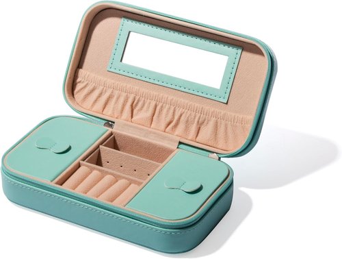 BINO Jewelry Case - Portable Compact Organizer with Mirror for Earrings, Rings & Necklaces | Aqua