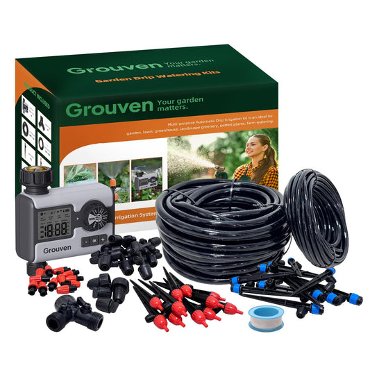 Drip Irrigation System with Water Timer Quick-Connect Automatic Irrigation Kit with 1/2 inch Hose 1/4 inch Distribution Tubing and Accessories DIY Garden Misting System for Yard, Lawn, Patio