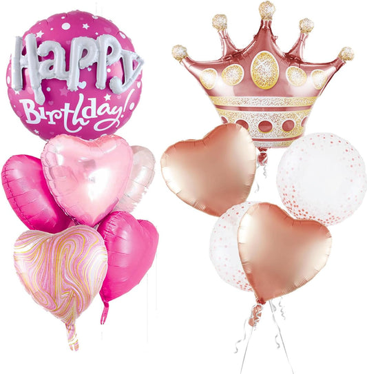 Rose Gold Crown Mylar Balloons - Large Round Pink Birthday Balloons Set for Women's Celebrations