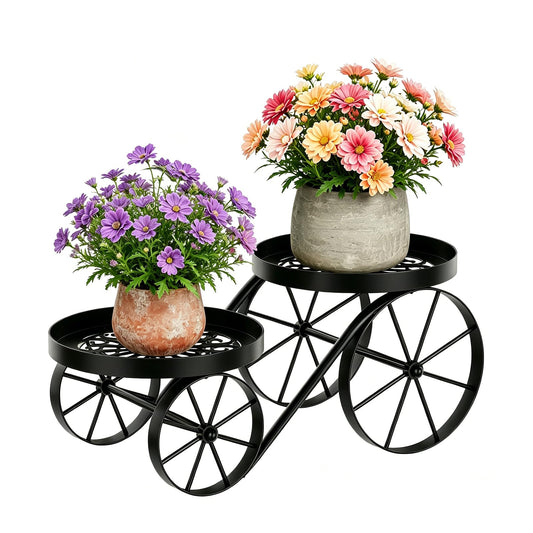 WELUKGUUD Metal Plant Stand Indoor Outdoor, 2-Tier Multi-Use Display Rack, Anti-Rust Iron Flower Pot Holder with Decorative Wagon Wheels, Home Decor for Corner, Patio, Bathroom (Black)