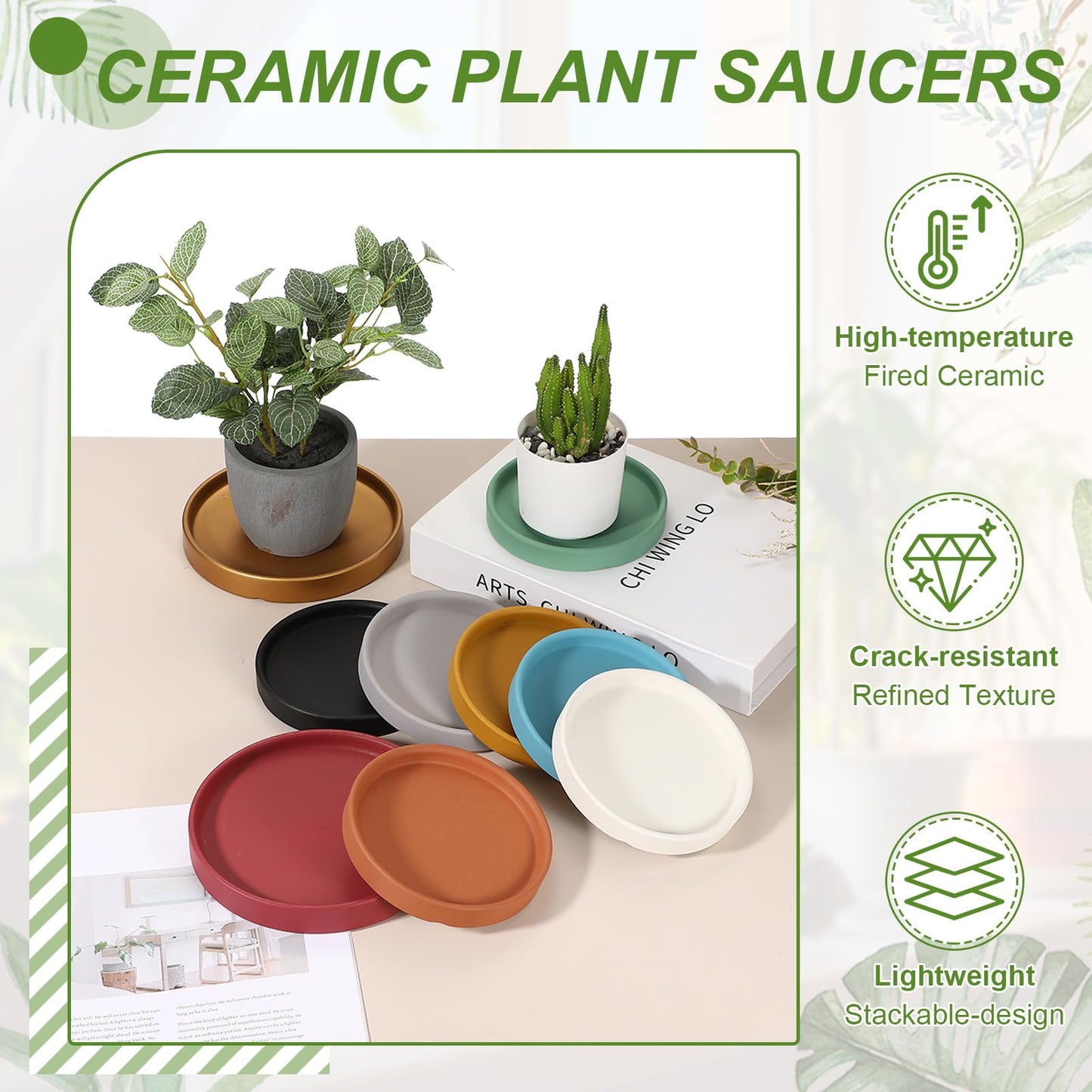 YELARXI 6.7 Inch Ceramic Plant Saucers, Round Flower Planter Water Trays Ceramic Plant Saucer Pot Tray -Fitting for (Outdoor/Indoors/Garden/Planting/Water/Flower/Coffee) Beige