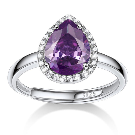 Bestyle 925 Sterling Silver Teardrop Crytsal Cubic Zirconia Rings | Classic Silver February Amethyst Crystal Birthstone Rings for Women, Great Birthday Gift for Wife/Mom/Grandma