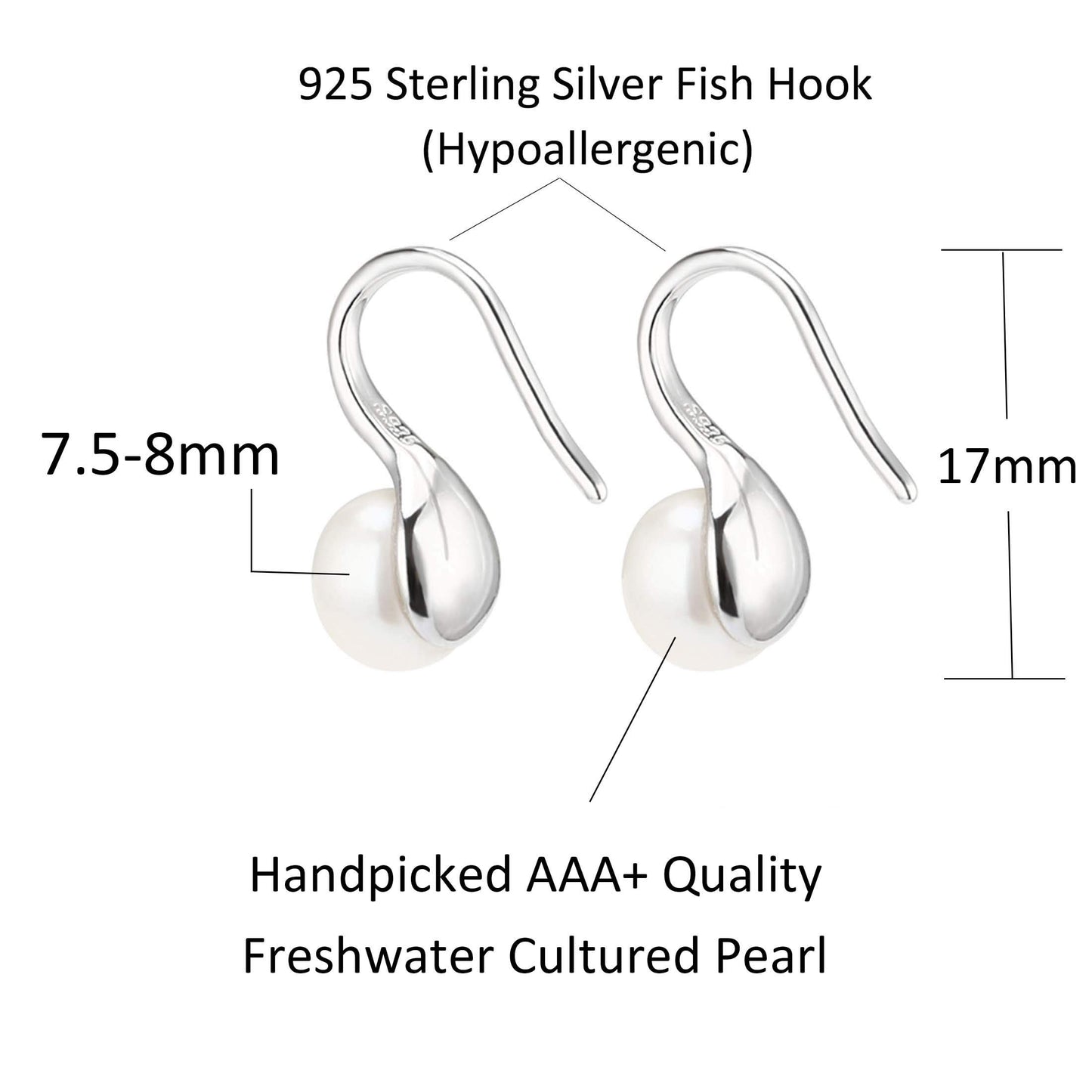 925 Sterling Silver Hoop Handpicked AAA+ Quality 7.5-8mm White Freshwater Cultured Pearl Dangle Drop Earrings Jewelry for Women