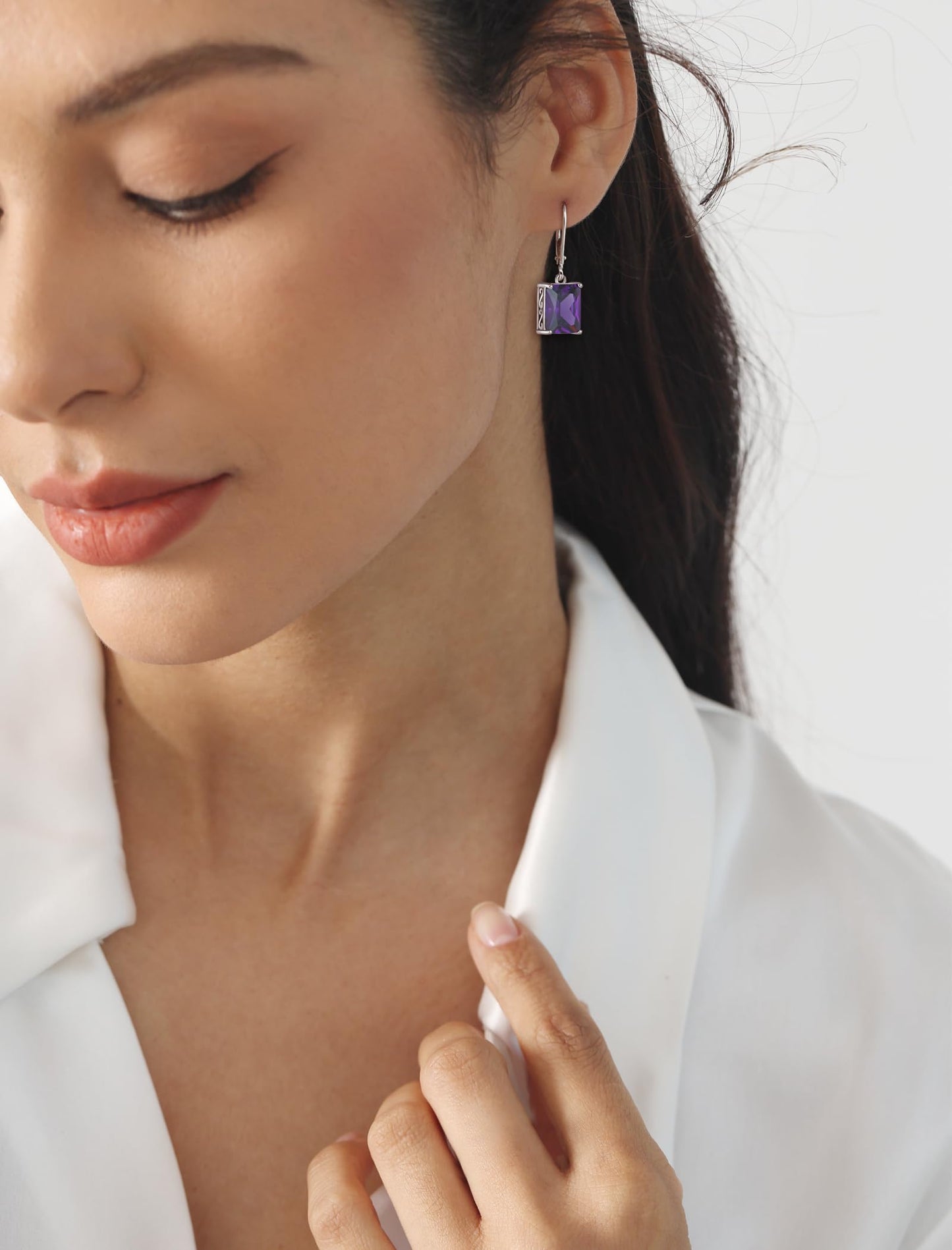 YL Solitaire Dangle Drop Earrings 925 Sterling Silver Leverback Earrings 8X10MM Square Created Amethyst Jewelry