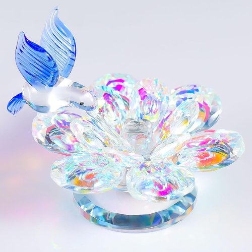 Movdyka Crystal Figurine - Blue Hummingbird Lotus Flower Decor | Elegant Glass Ornament for Home