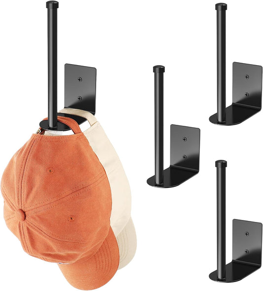 Skiennix Hat Racks - 4 Pack Stainless Steel Baseball Cap Organizer with Strong Adhesive | Black 6 in