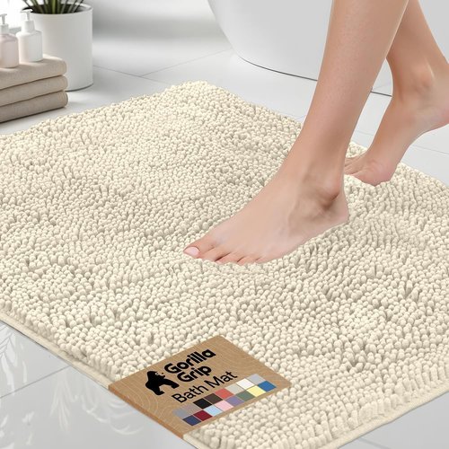 GORILLA GRIP Bath Rug Mat - Soft Absorbent Chenille | Quick-Dry Microfiber 48x24 Ivory Cream