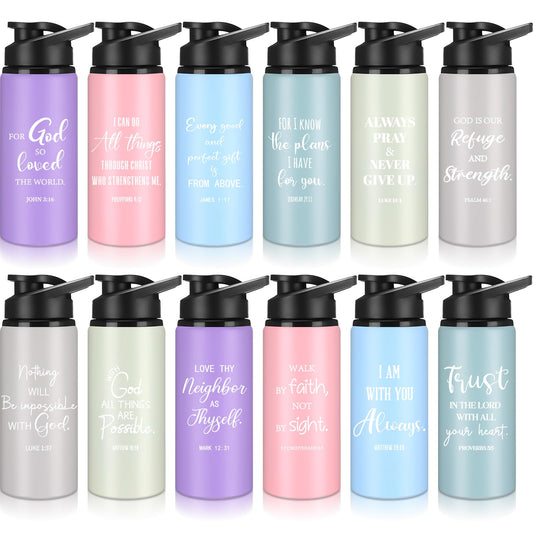 Reallnaive 12 Pieces Christian Religious Aluminum Water Bottles Bulk Snap Lids 20oz Morandi Colors Outdoor Leakproof Reusable Water Bottles for Travel Camping Hiking Fishing