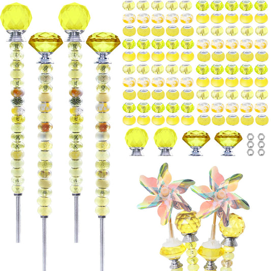 101 PCS Beaded Garden Stakes Kit, DIY Fairy Wand Garden Stake Beads Kits with Yellow Large Hole Beads 4 Crystal Stopper Top Threaded Rods and 2 Colored Small Windmills for Outdoor Indoor Decor