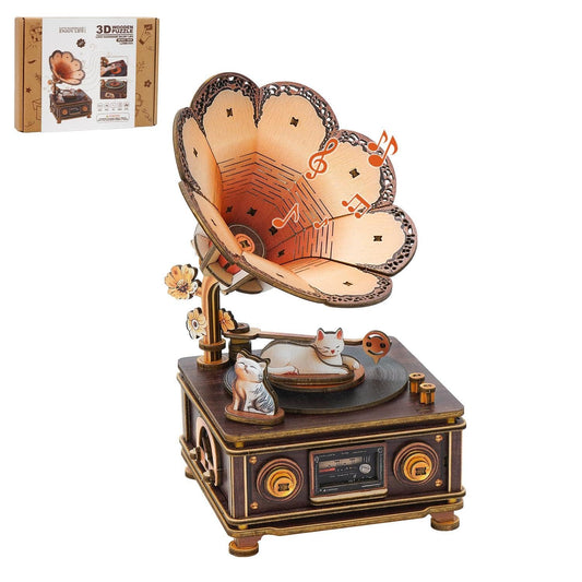 Rnfinewow 3D Puzzles for Adults, Wooden Cats Phonograph Music Box Handmade Model Kit DIY Crafts, 3D Wooden Music Box Puzzles Vintage Record Player for Home Decor Unique Gifts for Holidays Birthdays