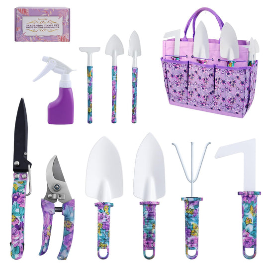 Gardening Tools Set for Women, 10-Piece Purple Floral Heavy Duty Garden Tool Set with Storage Tote Bag, Gardening Tools Kit with Ergonomic Non-Slip Handle, Ideal Women's Gift for Gardening