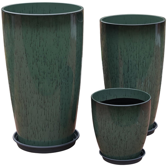 MinCHI257 24,21,11 Inch Large Plastic Planters with Drainage Hole and Saucer - Set of 3 Tall Plant Pots Indoor Flower Pot Tall Round Planters Outdoor Large Tall Planter