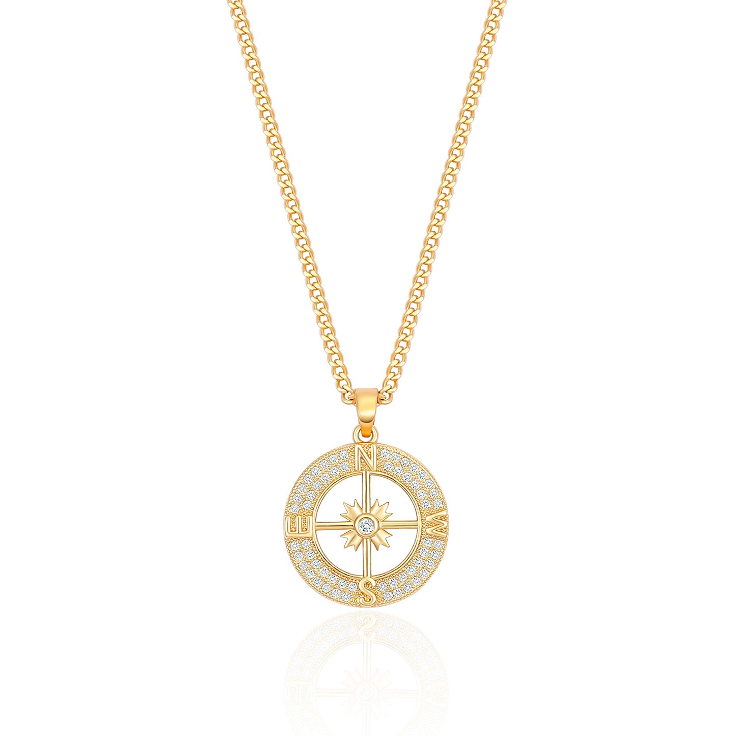 PEARLADA 18K Gold Plated Cuban Chain Compass Pendant Necklace with Micro-Inlaid Cubic Zirconia Halo Womens Handmade Navigation Travel Jewelry for Graduation Gift