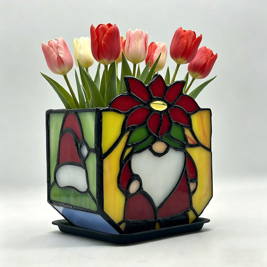 Entlityful Tiffany Style Stained Glass Santa Planter - Handcrafted Colored Glass Succulent Pot for Christmas Decor, Decorative Flower Pot with Drainage Hole for Windowsill, Home Holiday Decor