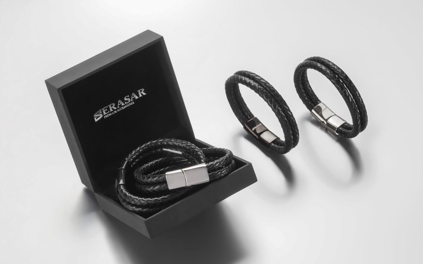 SERASAR 8″ Black Leather Bracelets for Men Mens Cowhide Gift Box Braided Bracelet Stainless Steel Jewelry Wrist Band Cuff Wrap Rope Bangle Dad Man Pulseras para Hombres Cuero Regalo