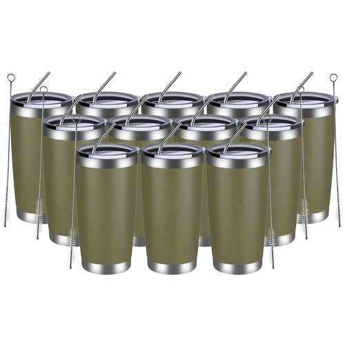 MEWAY 20oz Tumbler 12 Pack Double Wall Vacuum Insulated Travel Mug Bulk, Stainless Steel Tumblers with Lid and Straw, Durable Powder Coated Coffee Cups for Cold & Hot Drinks (Army Green, 12)