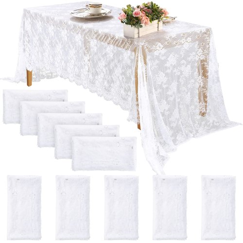 Chumia 10 Pcs Lace Tablecloth Rectangular 60 x 120 Inch Wedding Rustic Tablecloth Overlay Rose Vintage Embroidered Wedding Reception Party Table Decorations for Bridal Tea Party