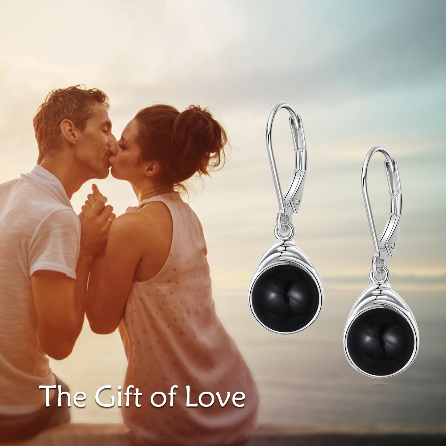 POPLYKE Black Agate Earrings for Women Sterling Silver Round Black Agate Leverback Earrings Dangle Earrings Jewelry Gifts Christmas Birthday