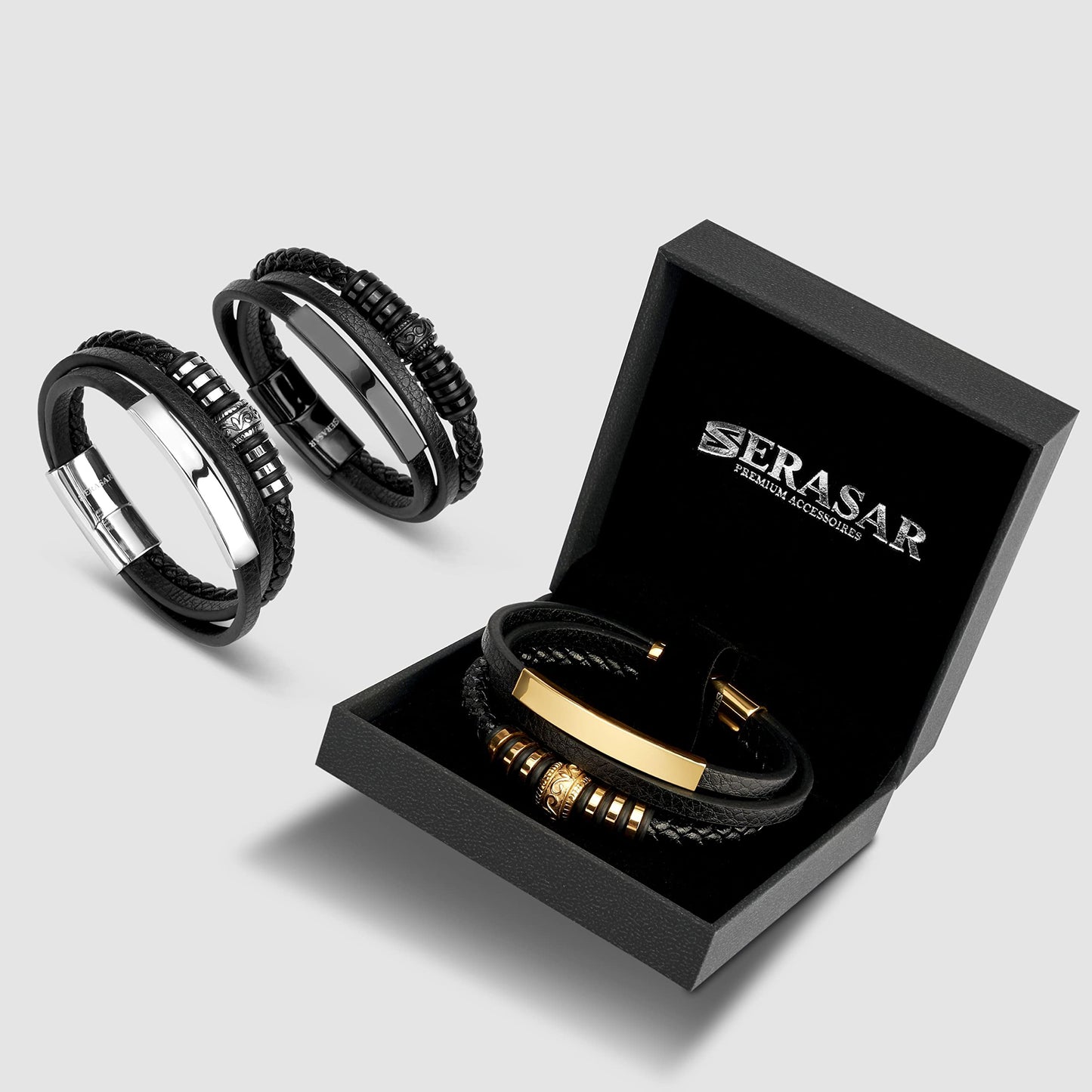 SERASAR 9″ Silver Leather Bracelets for Men Mens Cowhide Gift Box Braided Bracelet Stainless Steel Jewelry Wrist Band Cuff Wrap Rope Bangle Dad Pulseras para Hombres Cuero Regalo