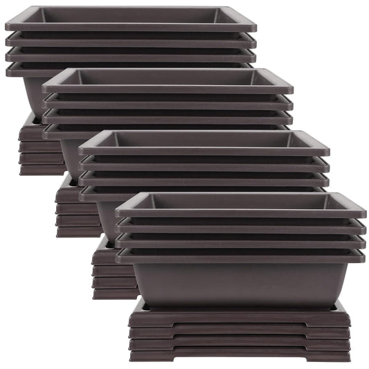 JEUIHAU 16 Pack 9 Inch Bonsai Training Pots with Tray, Rectangular Plant Pot with Drainage Hole, Brown Bonsai Tree Pot, Plastic Bonsai Planter Pots for Succulent, Herb, Flower, Potted Plant