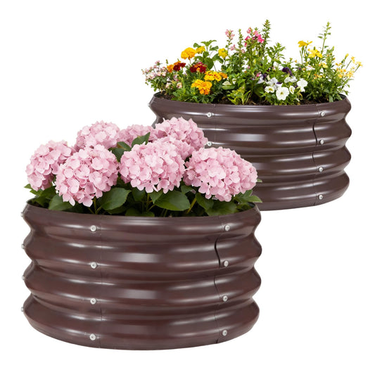 GOOZOO 2PC Galvanized Planter Raised Garden Beds, 2x2x1ft Raised Garden Bed Kit for Gardening Outdoor, Round Metal Land Planter Box for Vegetables, Fruits, Flowers（Brown）