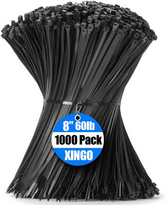 1000 8 Inch, 60 LBS PA66 XINGO PCS Black Zip Ties Tensile Strength, Self-Locking Nylon Plastic Nylon Wire Ties
