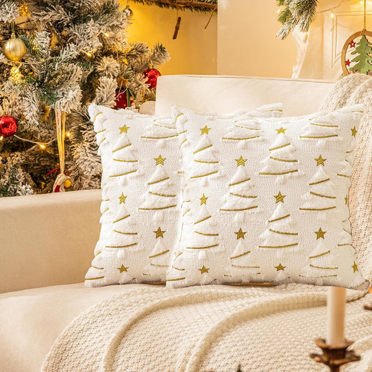 Merrycolor White Christmas Pillow Covers18x18 Inche Set of 2 Soft Plush Faux Fur Christmas Tree Throw Pillow Covers with Gold Star Embroidery Decoration Winter Holiday Home Decor