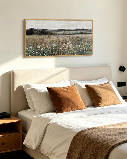 KUVIOKE Vintage Landscape Framed Wall Art 20x40in Large Meadow Sea of Flower Field Wall Prints Classic Retro Farmhouse Rustic Decorations for Living Room Bedroom (Natural Framed)