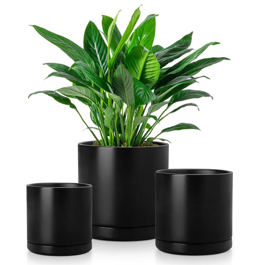 vancasso Ceramic Plant Pots, 3 Piece Planters for Indoor Plants, 4.25+5.25+6.25 Inch Flower Pots with Drainage, Plant Pots Indoor for Succulent, Pothos, Snake Plant and Money Tree, Etc (Black)