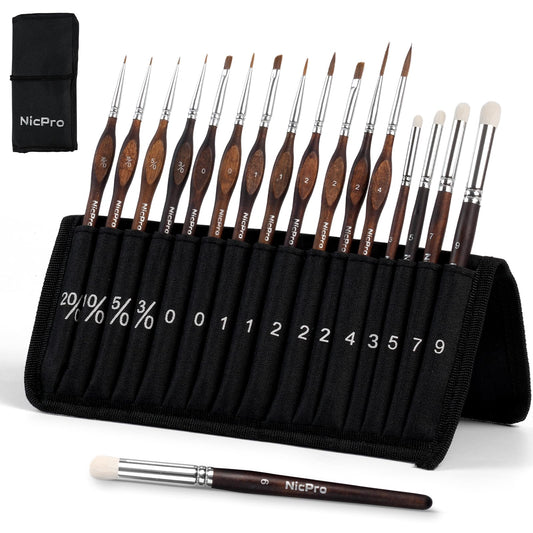 Nicpro 16 PCS Kolinsky Sable Miniature Paint Brushes Dry Brush, Professional Model Paint Brush Set with Cloth Roll, Fine Detail Artist Brush Set for Miniatures, Acrylic & Figures, Model, Watercolor