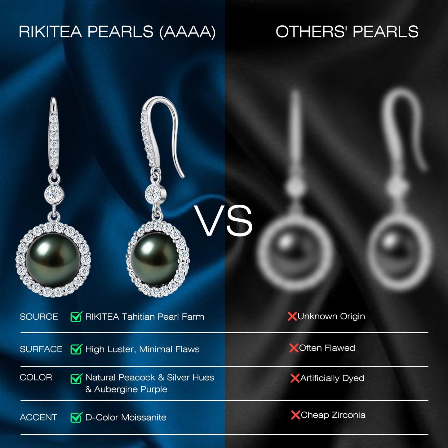 Genunie Tahitian Black Pearl Drop Dangle Earrings - Mother Day Mom Birthday Gifts for Wife Women Anniversary Wedding, AAAA 9-10mm Ocean-Grown Pearls Sterling Silver Unique Moissanite Jewelry