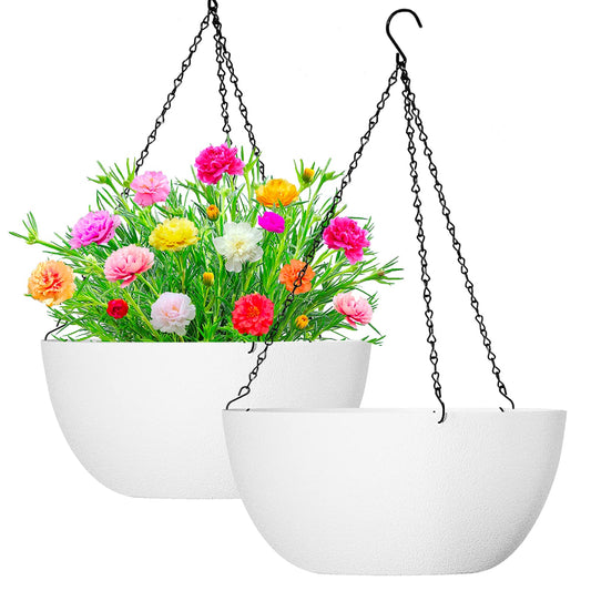 WOUSIWER 13 inch 2Pack Large Hanging Planters for Outdoor Indoor Plants with Drainage Holes and Chain, Round Hanging Flower Pots for Garden Home Porch Decor, White