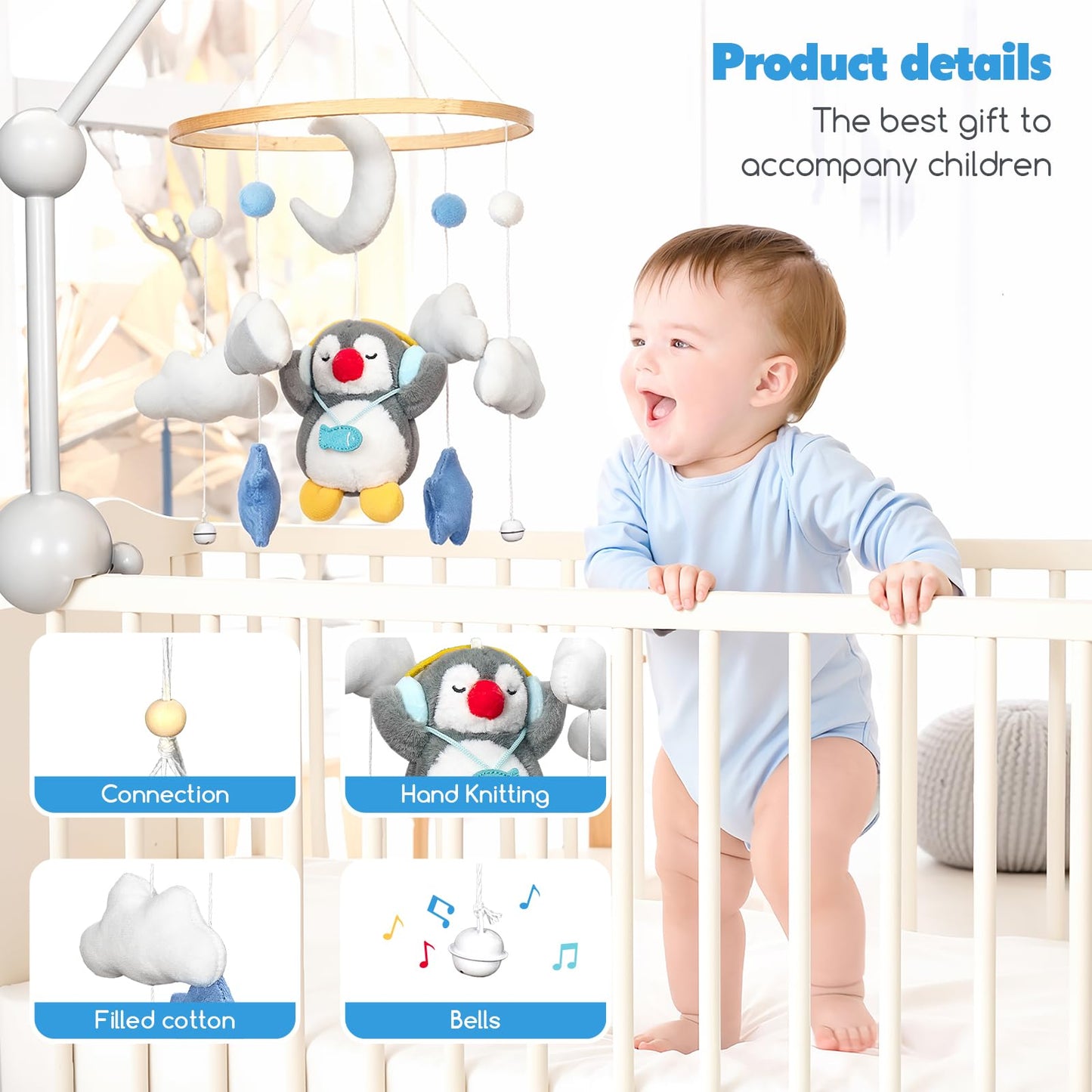 Baby Crib Mobile - Penguin Mobile for Crib, Handmade Furry Nursery for Boys and Girls, Baby Bassinet Mobile Toy - Shower Set for Infant Bedroom Hanging Decoration