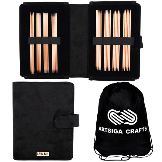Lykke Cypra 6 in. Small Set US Sizes 0, 1, 1.5, 2, 2.5, 3, 4, 5 DPN Double Point Knitting Needles for Fingering, Sock, Baby, Sport, DK Yarn, Copper with Black VS Case, Project Bag