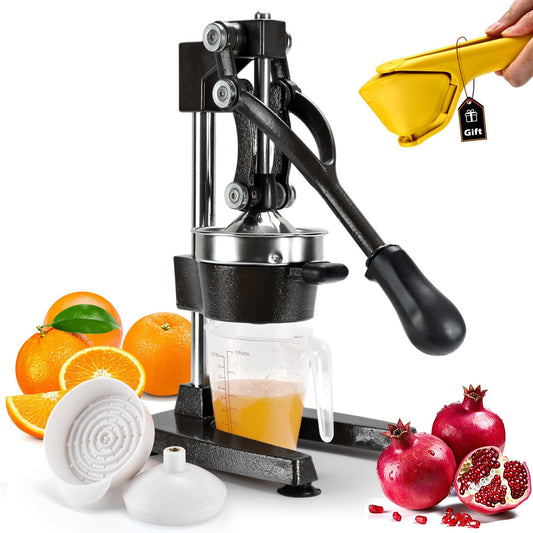 ROEDEER Heavy-Duty Manual Citrus Juicer – Cast Iron Orange Juicer Squeezer, Dual-Die Head, Manual Juicer, Citrus Squeezer, Lemon Juicer Manual & Pomegranate Juicer for Fresh Juice (Black)