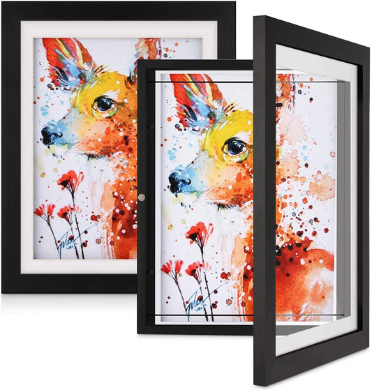 ONE WALL Kids Artwork Picture Frame Display 8.5x11 with Mat or 9.9x12.7 Without Mat, Black Wood Frame with Tempered Glass Front Opening for Kids Drawings, Artworks, Art Projects, Schoolwork, 2-Pack